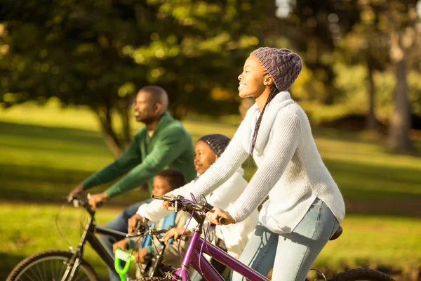 Vista laterale di una giovane famiglia che fa un giro in bicicletta — Foto Stock