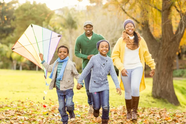 Jonge gezin spelen met een vlieger — Stockfoto