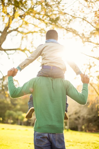 Visão traseira de um pai com seu filho em piggyback — Fotografia de Stock