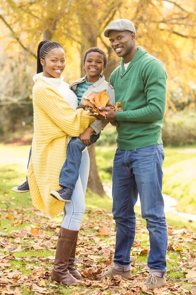 Retrato de una joven familia sonriente sosteniendo hojas — Foto de Stock