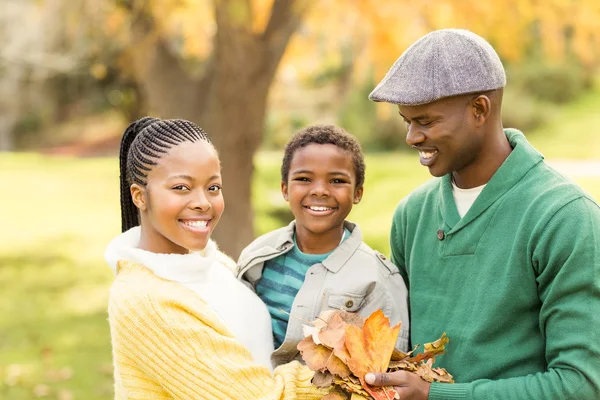 Portrait of a young smiling family holding leaves — Stock Photo, Image