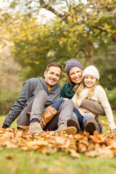 Lächelnde junge Familie sitzt in Blättern — Stockfoto