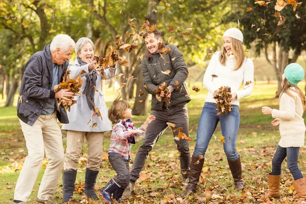 Feliz família estendida jogando folhas ao redor — Fotografia de Stock