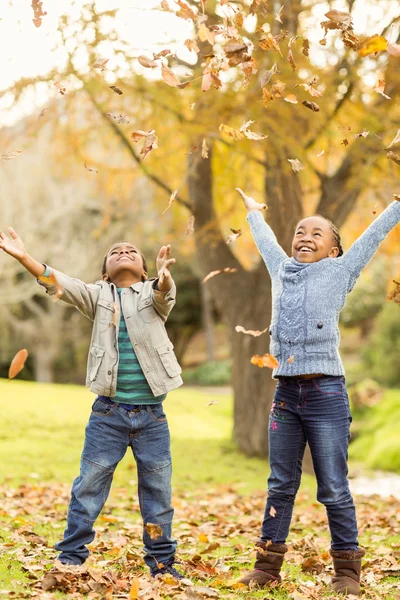 Retrato de crianças pequenas jogando folhas ao redor — Fotografia de Stock
