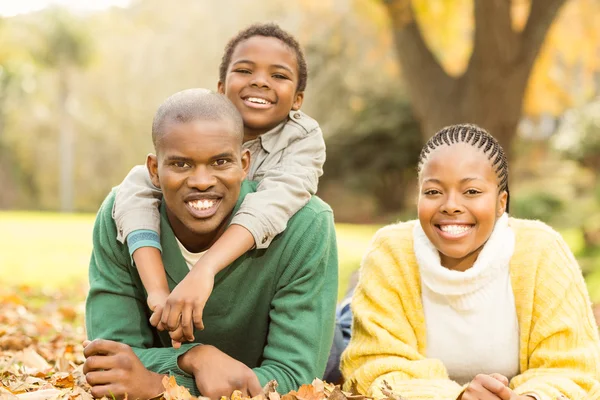 Porträt einer jungen Familie, die im Laub liegt — Stockfoto