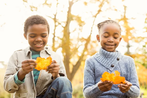 Portrait of young children holding leaves — Stock Photo, Image