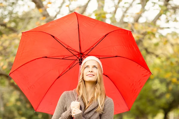 Smiling pretty woman under umbrella — Stock Photo, Image