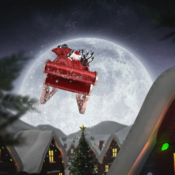 Image composite du Père Noël volant sur son traîneau — Photo