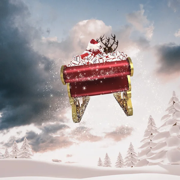 Zusammengesetztes Bild des Weihnachtsmannes, der seinen Schlitten fliegt — Stockfoto