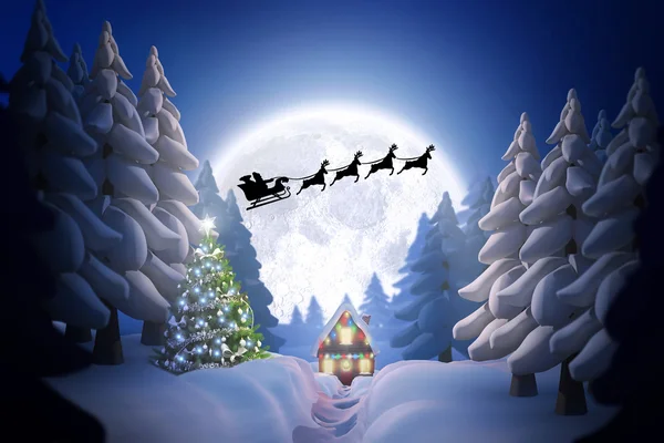 Silhouette of santa claus and reindeer — Stock Photo, Image