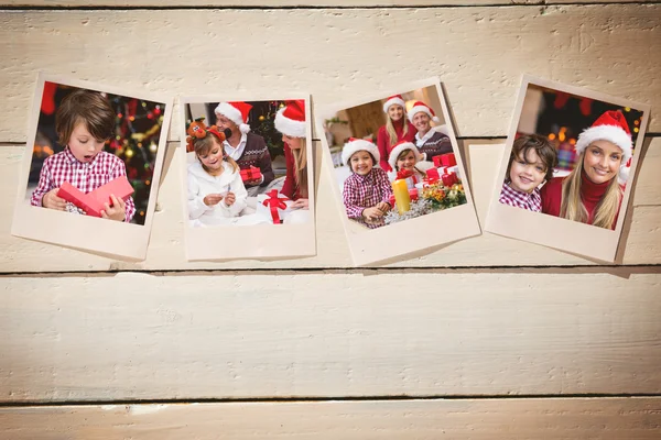 Instant photos on wooden floor — Stock Photo, Image