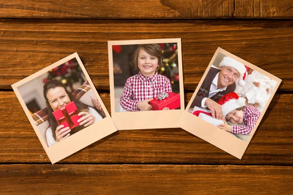 Instant photos on wooden floor — Stock Photo, Image