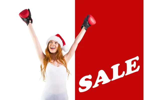 Festive redhead cheeering with boxing gloves — Stock Photo, Image