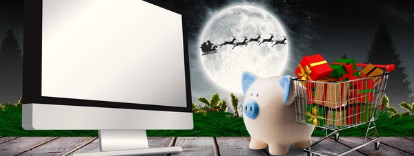 Piggy bank tegen houten planken — Stockfoto