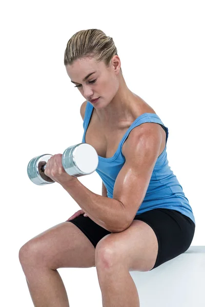 Muscular woman exercising with dumbbell — Stock Photo, Image