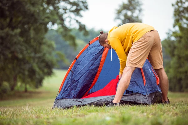Bonito hipster lançando sua tenda — Fotografia de Stock