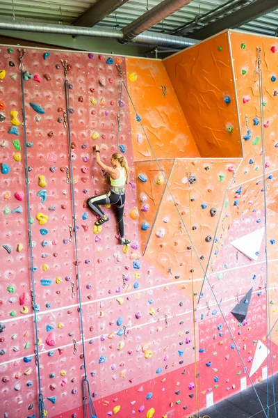 Fit woman rock climbing indoors — Stock Photo, Image