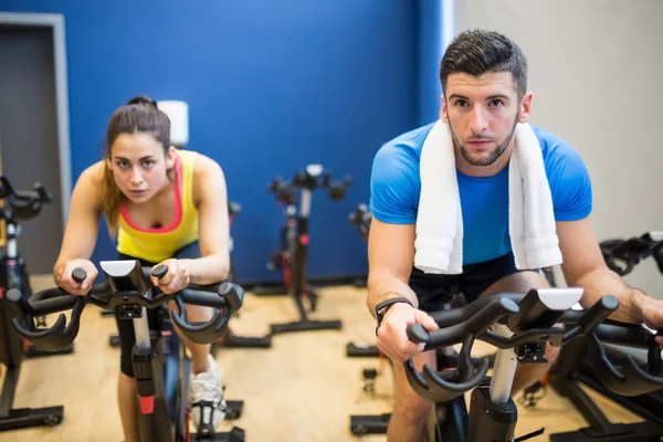 Pareja enfocada usando bicicletas estáticas —  Fotos de Stock