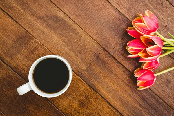 Κόκκινα λουλούδια και ένα φλιτζάνι καφέ — Φωτογραφία Αρχείου