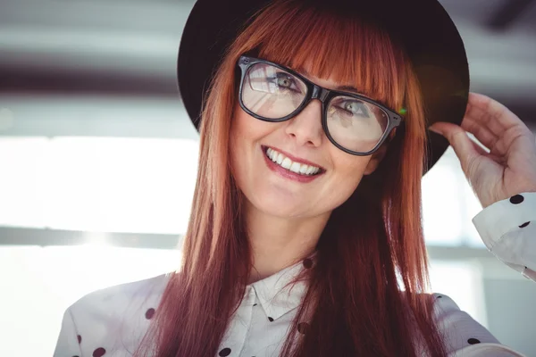 Attractive smiling hipster woman with hat — Stock Photo, Image
