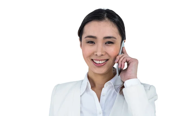 Sorridente donna d'affari utilizzando il suo telefono — Foto Stock