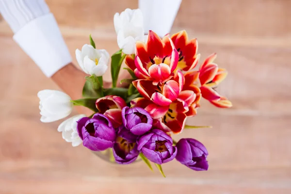 Woman putting a flowers in a vase — Stock Photo, Image