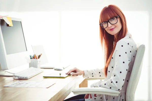 Attractive hipster woman using graphics tablet — Stock Photo, Image