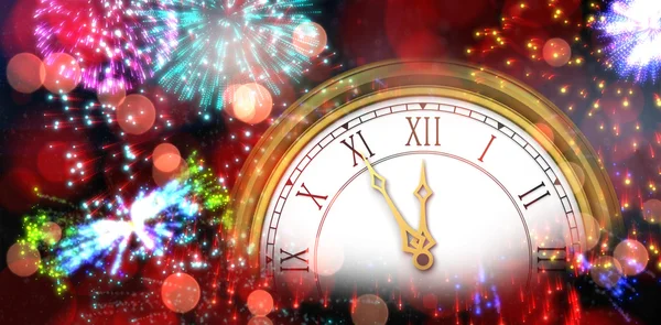 Gold clock against colourful fireworks — Stock Photo, Image