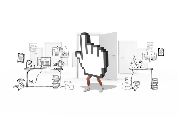 Cursor with legs against doodle office — Stock Photo, Image
