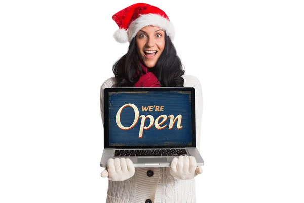 Smiling woman holding a laptop — Stock Photo, Image