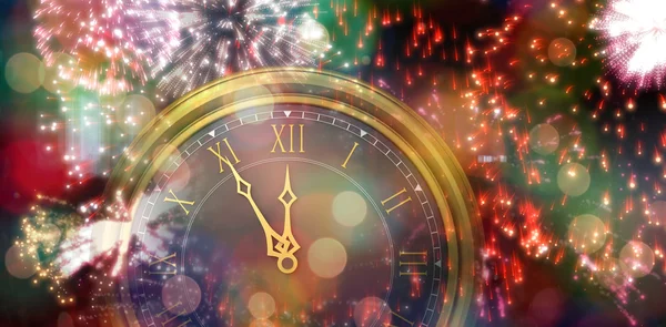 Large clock against colourful fireworks exploding — Stock Photo, Image