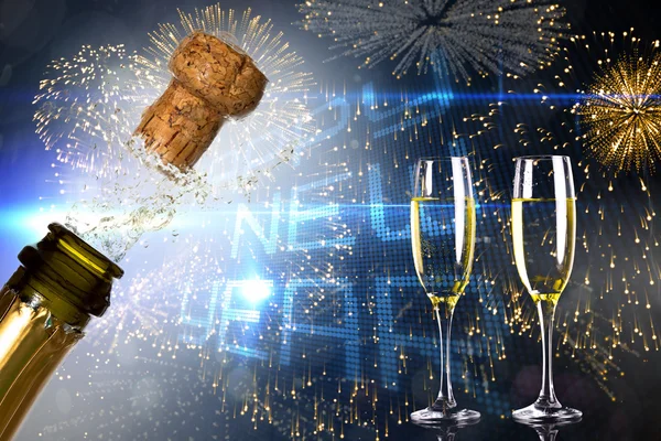 Złożony obraz Zamknij się szampana, korek popping — Zdjęcie stockowe