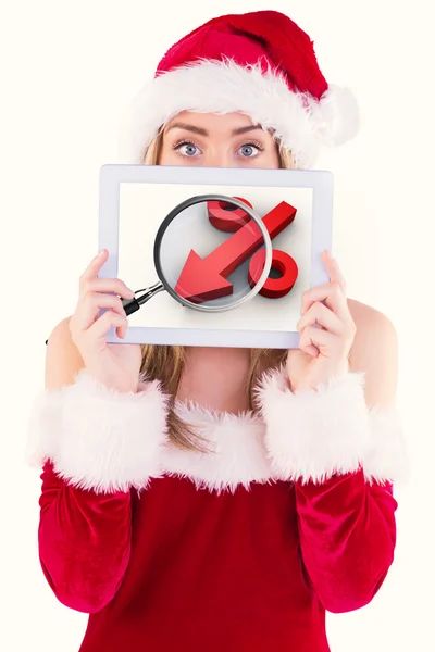 Pretty santa girl holding tablet — Stock Photo, Image