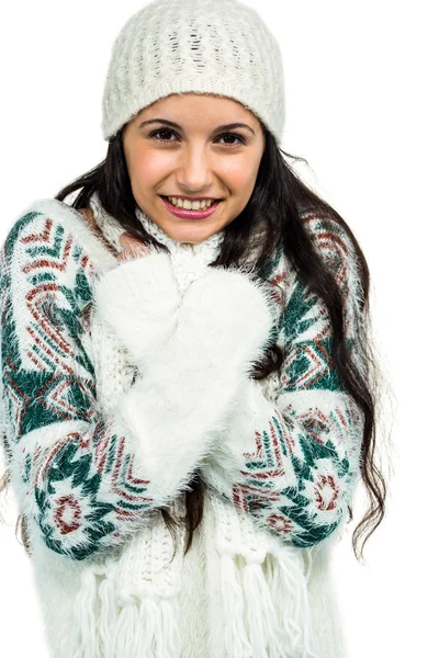 Sorrindo mulher segurando seu cachecol — Fotografia de Stock