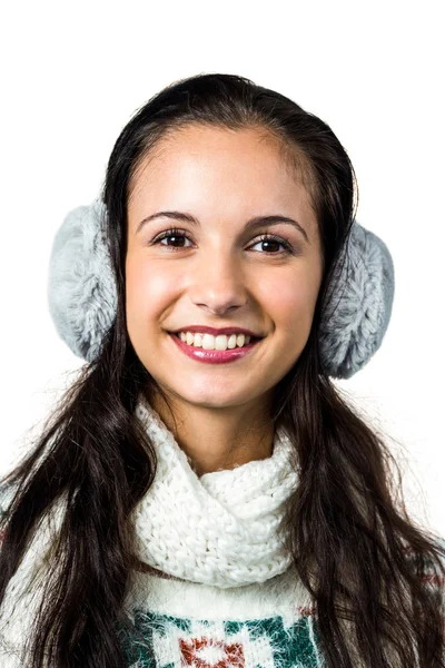 Mulher sorridente com auriculares — Fotografia de Stock