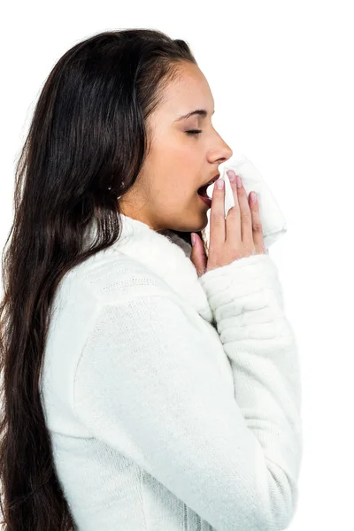 Attractive woman blowing her nose — Stock Photo, Image