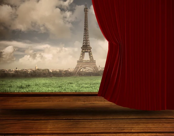 Red curtain pulling back — Stock Photo, Image