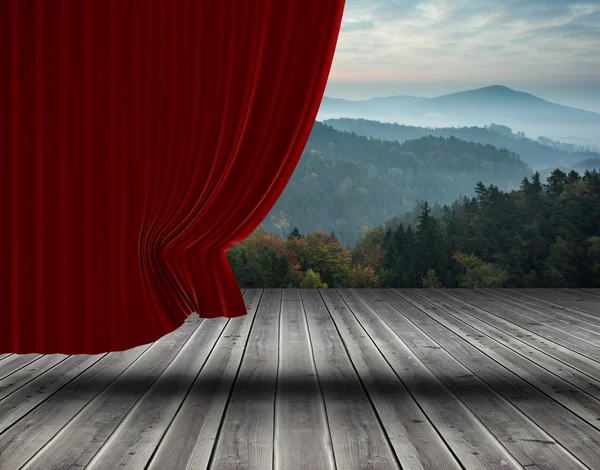 Red curtain pulling back — Stock Photo, Image