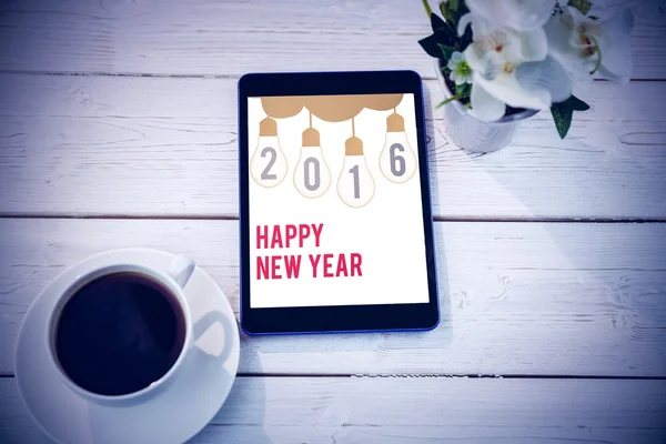 Felice anno nuovo contro tablet — Foto Stock