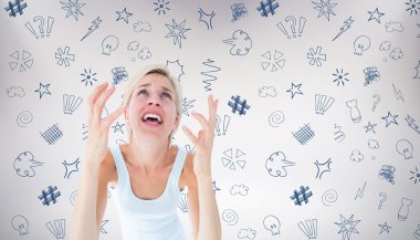 upset woman yelling with hands up clipart