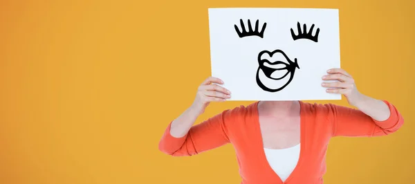 Woman holding blank billboard in front of face — Stock Photo, Image