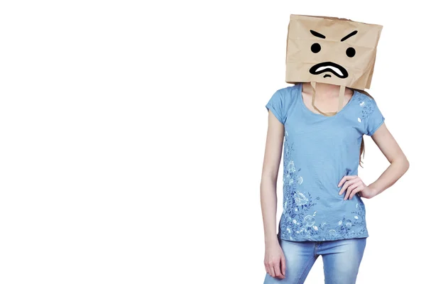 Woman posing with bag on head — Stock Photo, Image