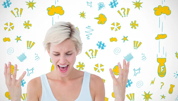 Angry blonde yelling with hands up — Stock Photo, Image