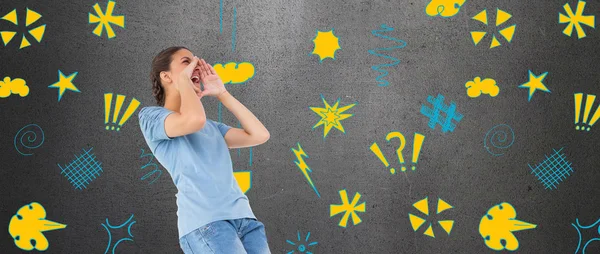 Composite image of pretty brunette shouting — Stock Photo, Image