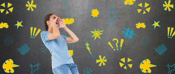 Composite image of pretty brunette shouting — Stok Foto