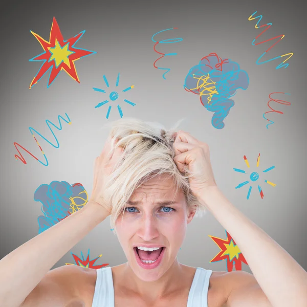 Stressed woman screaming and holding her head — Stock Photo, Image