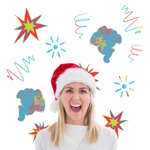 Bild der gestressten Blondine mit Weihnachtsmütze — Stockfoto