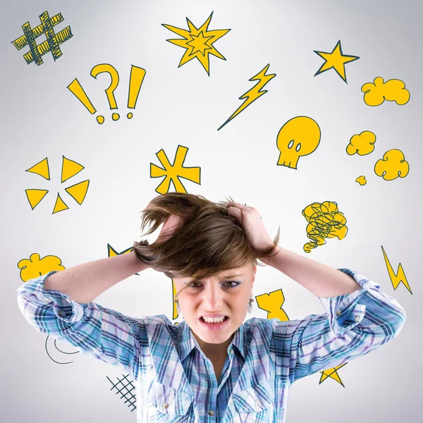 Pretty brunette shouting with hands on head — Stock Photo, Image