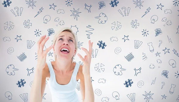 Upset woman yelling with hands up — Stock Photo, Image
