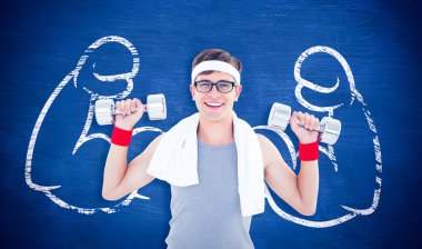 geeky hipster lifting dumbbells in sportswear clipart